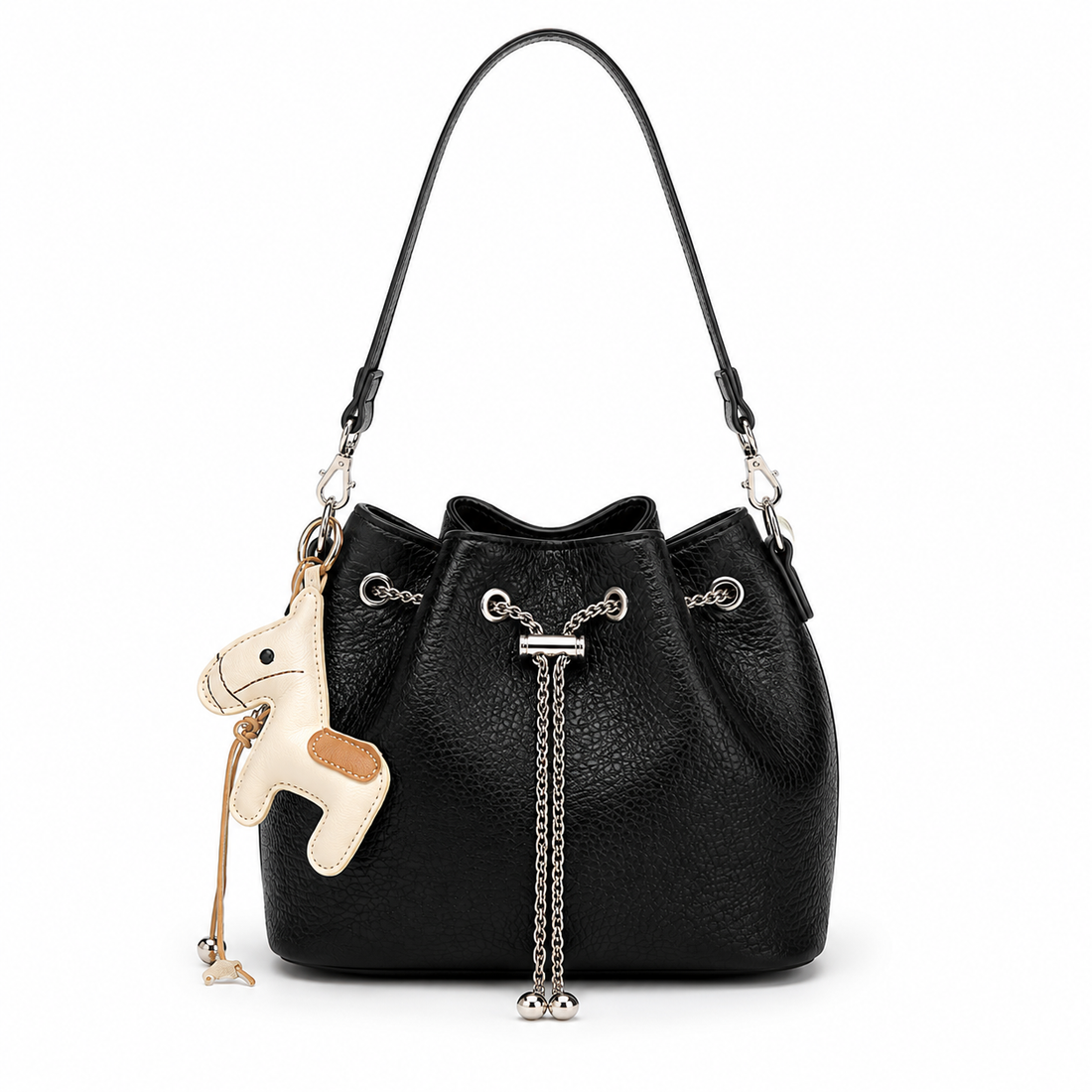 Front view of a black textured bucket shoulder bag with silver chain drawstring details and a horse charm, photographed in a professional studio on a clean white background.