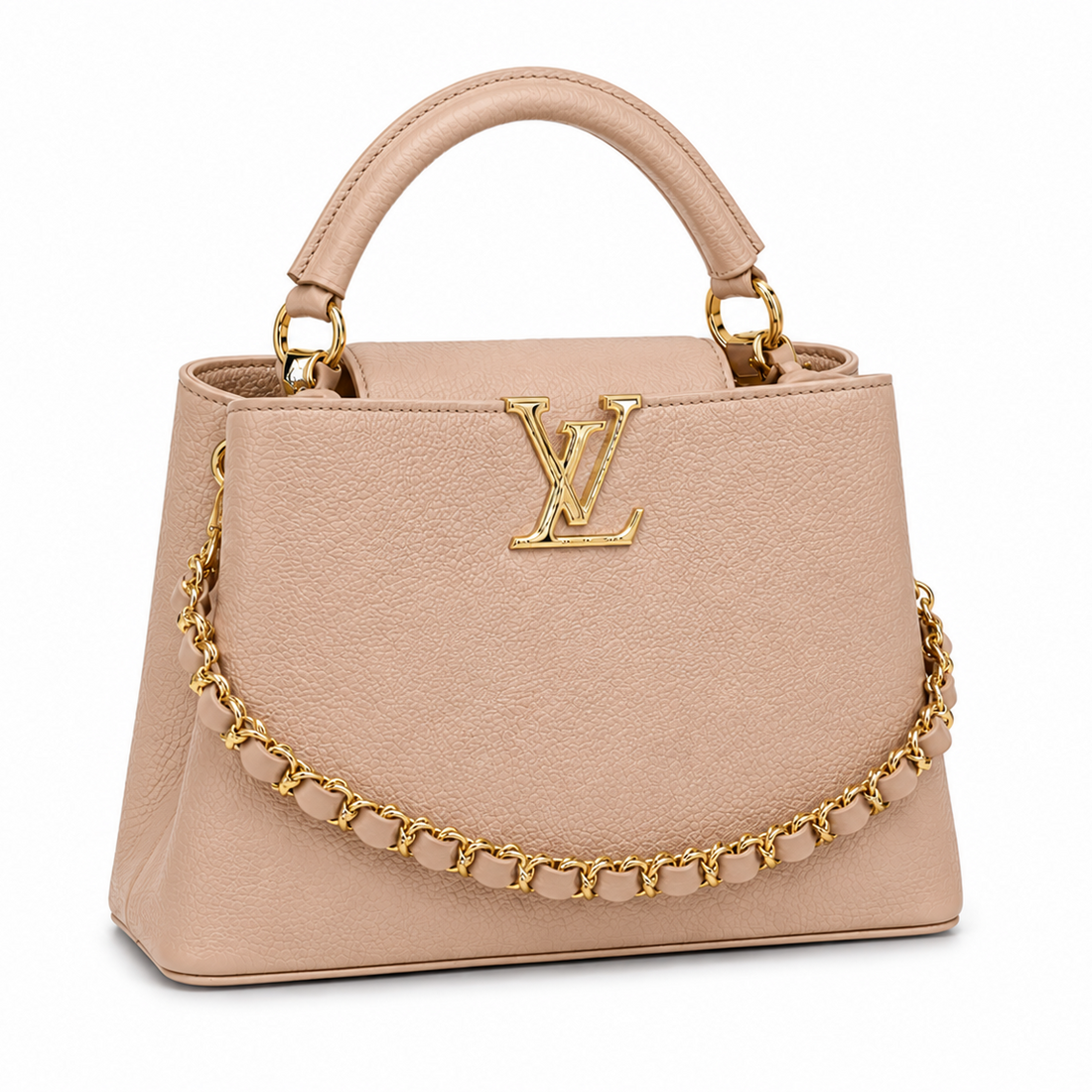 Louis Vuitton Capucines beige leather top handle handbag with gold LV logo, decorative leather and gold chain, and structured silhouette.