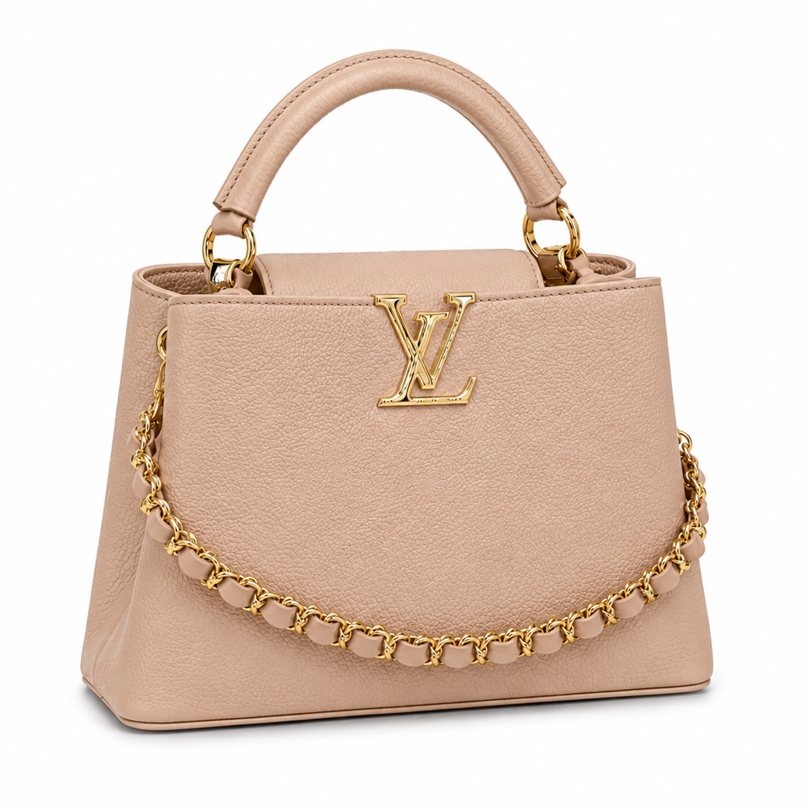 Louis Vuitton Capucines beige leather top handle handbag with gold LV logo, decorative leather and gold chain, and structured silhouette.