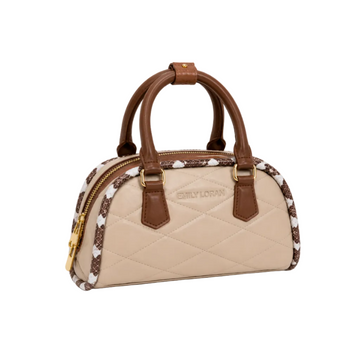 EMILY LORAN beige quilted dome handbag with brown top handles, snake-textured trim, gold-tone hardware, and double zipper closure.