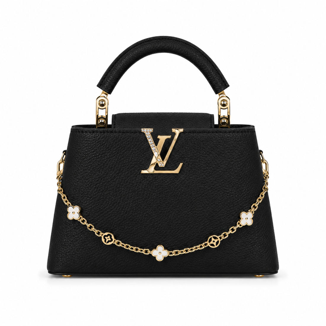Louis Vuitton Capucines large black leather handbag with pearl-detailed gold LV logo, floral gold charm chain, structured top handle, and elegant luxury designer styling.