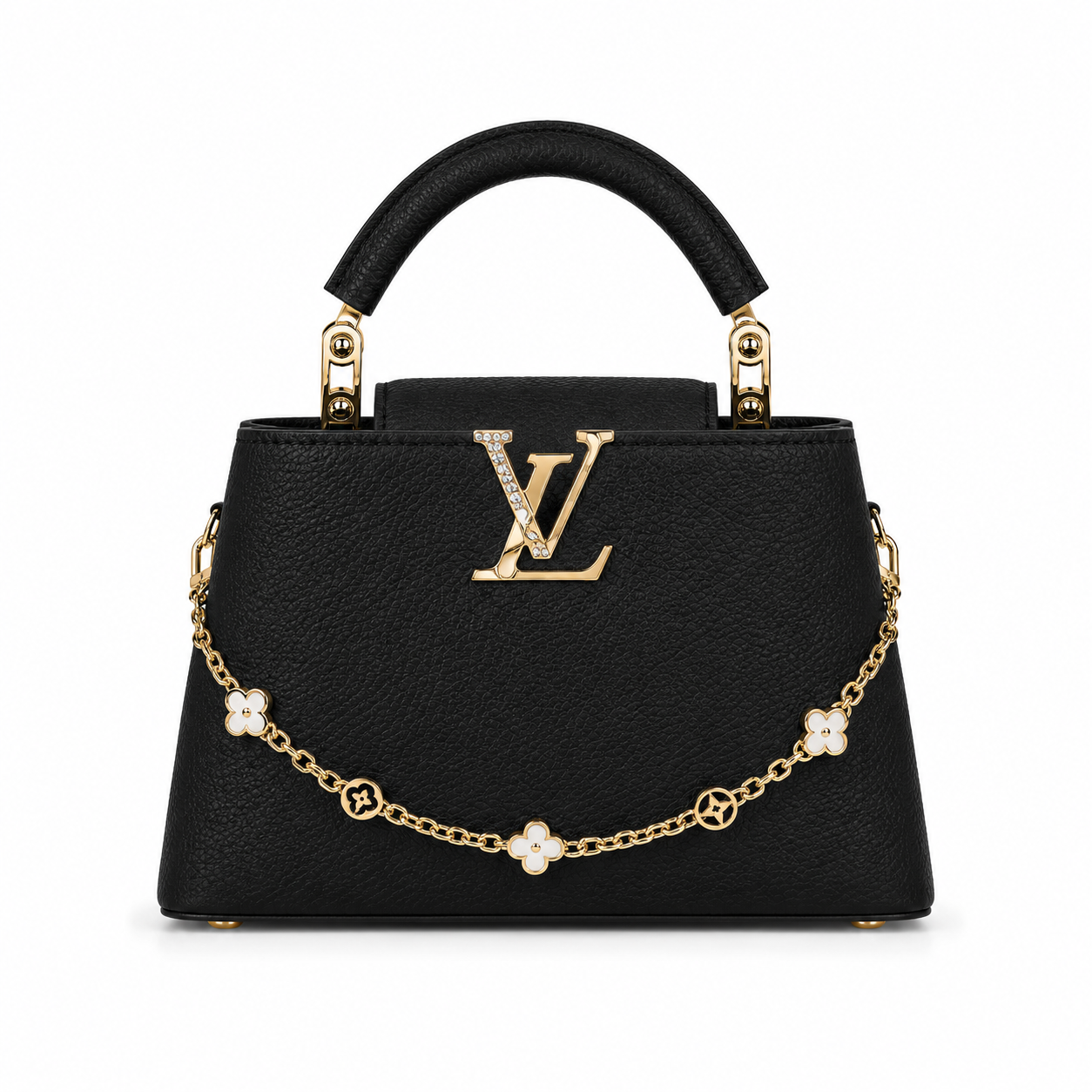 Louis Vuitton Capucines large black leather handbag with pearl-detailed gold LV logo, floral gold charm chain, structured top handle, and elegant luxury designer styling.