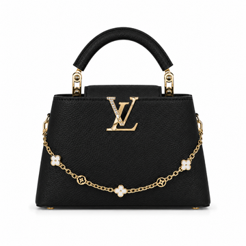 Louis Vuitton Capucines large black leather handbag with pearl-detailed gold LV logo, floral gold charm chain, structured top handle, and elegant luxury designer styling.