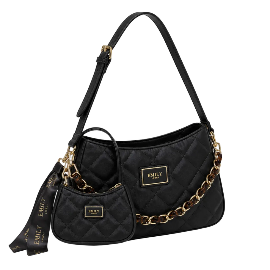 EMILY LORAN black quilted shoulder bag with gold and tortoise chain, adjustable shoulder strap, matching mini pouch, and decorative ribbon.
