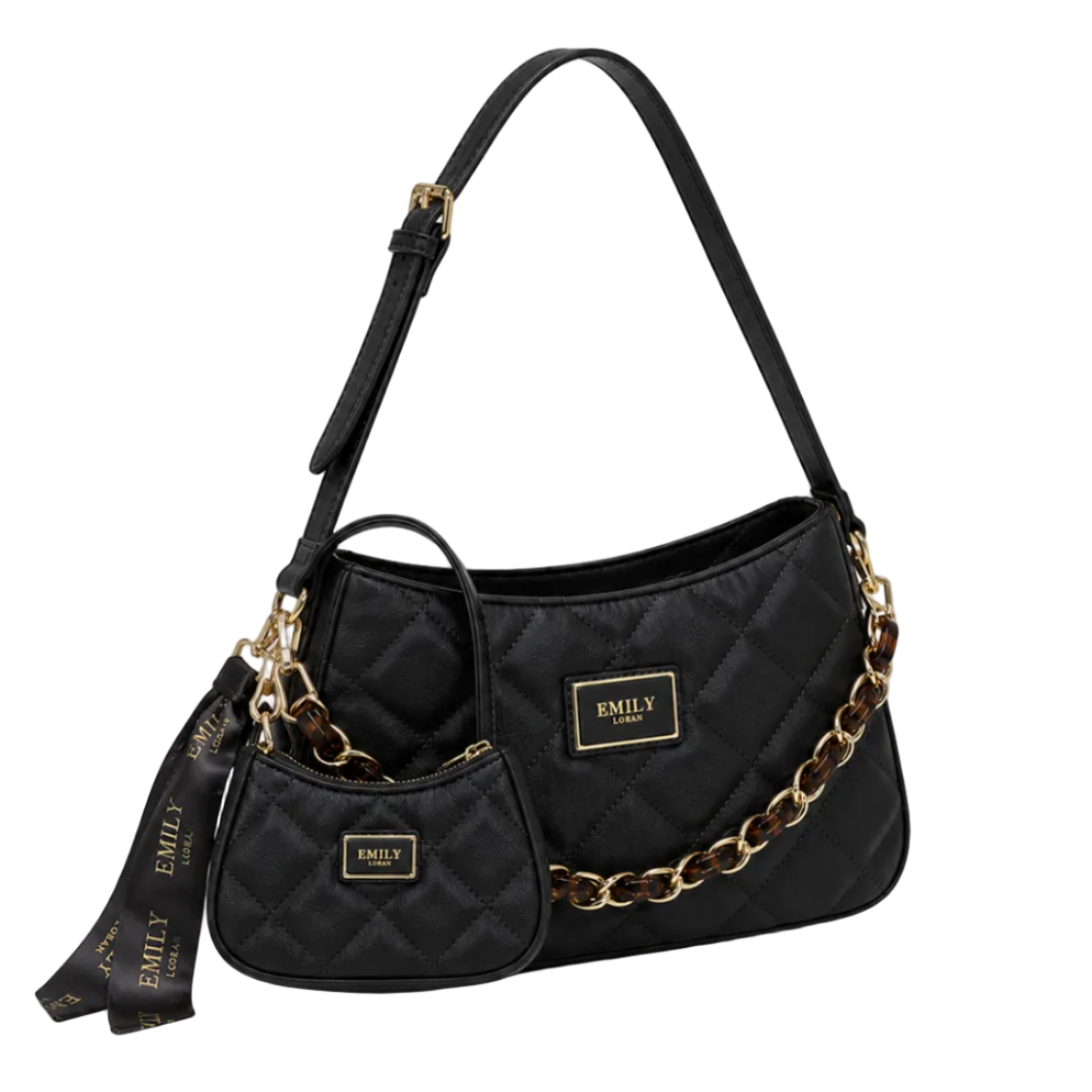 EMILY LORAN black quilted shoulder bag with gold and tortoise chain, adjustable shoulder strap, matching mini pouch, and decorative ribbon.