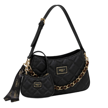 EMILY LORAN black quilted shoulder bag with gold and tortoise chain, adjustable shoulder strap, matching mini pouch, and decorative ribbon.
