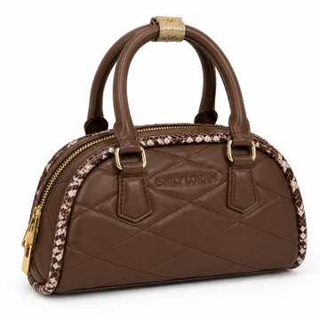 EMILY LORAN brown quilted dome handbag with snake-textured trim, dual top handles, gold-tone hardware, and double zipper closure.