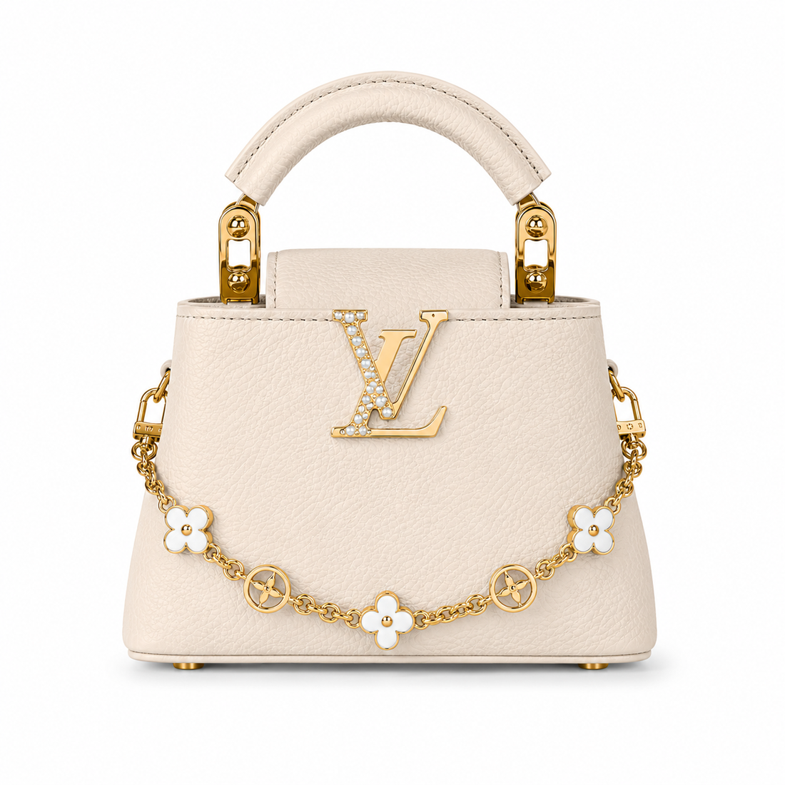 Louis Vuitton Capucines small cream leather handbag with pearl-detailed gold LV logo, floral gold charm chain, structured top handle, and elegant luxury designer styling.