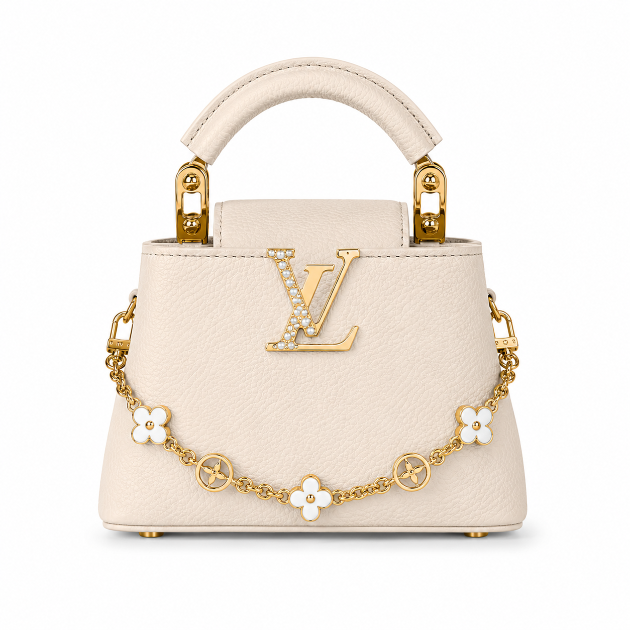Louis Vuitton Capucines small cream leather handbag with pearl-detailed gold LV logo, floral gold charm chain, structured top handle, and elegant luxury designer styling.