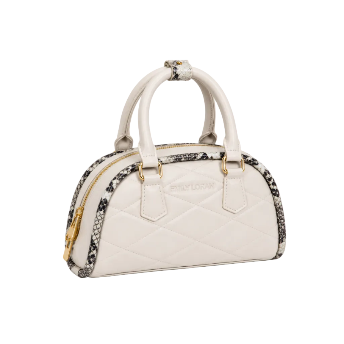 EMILY LORAN ivory quilted dome handbag with snake-textured trim, dual top handles, gold-tone hardware, and double zipper closure.