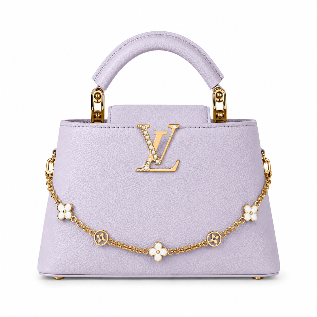Louis Vuitton Capucines small lavender leather handbag with pearl-detailed gold LV logo, floral gold charm chain, structured top handle, and luxury designer styling.