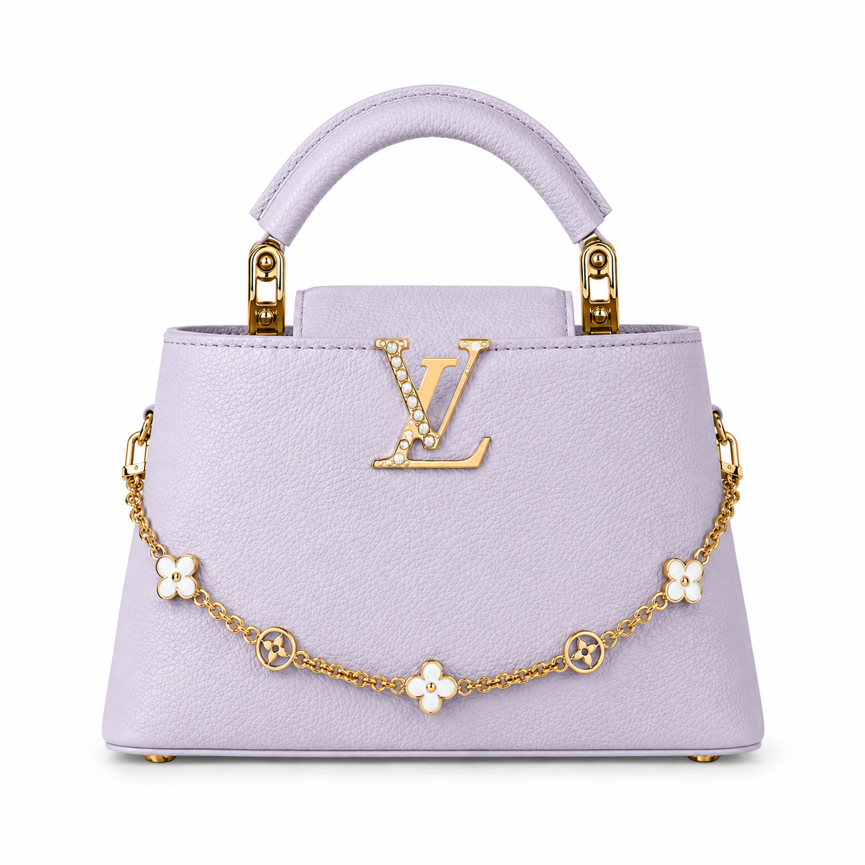 Louis Vuitton Capucines small lavender leather handbag with pearl-detailed gold LV logo, floral gold charm chain, structured top handle, and luxury designer styling.