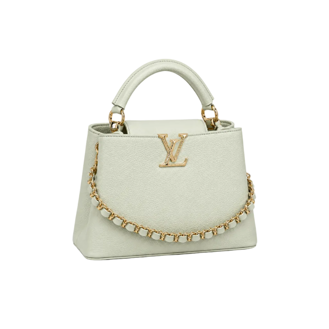 Louis Vuitton Capucines medium mint leather handbag with gold LV logo, decorative gold chain, structured top handle, and elegant luxury design.
