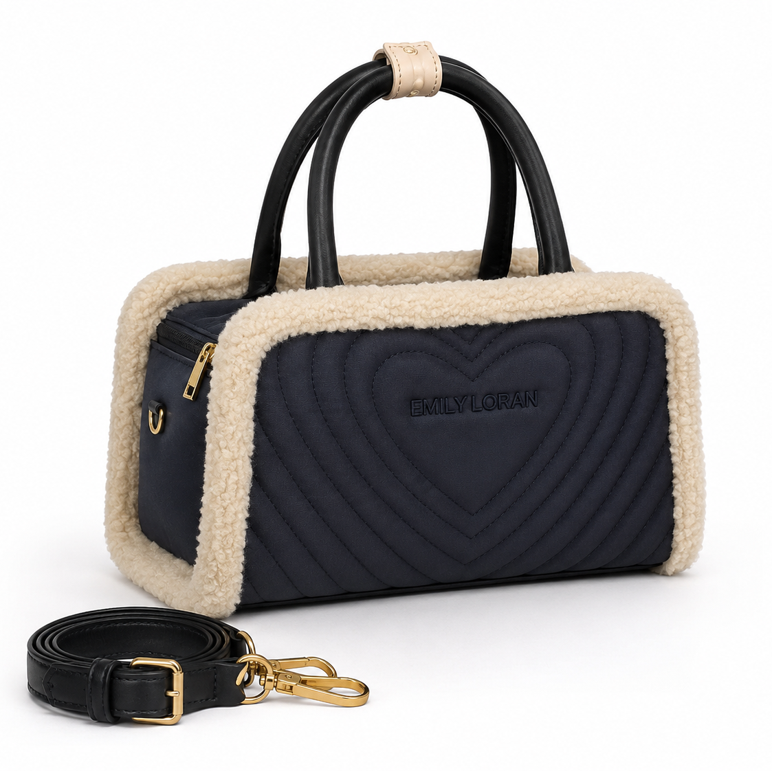 EMILY LORAN navy heart quilted Boston handbag with cream sherpa trim, top handles, detachable shoulder strap, and gold-tone hardware.