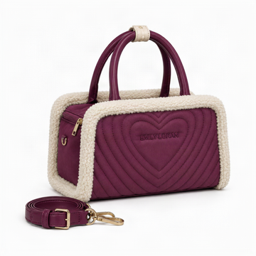 EMILY LORAN burgundy heart quilted Boston handbag with cream sherpa trim, top handles, detachable shoulder strap, and gold-tone hardware.