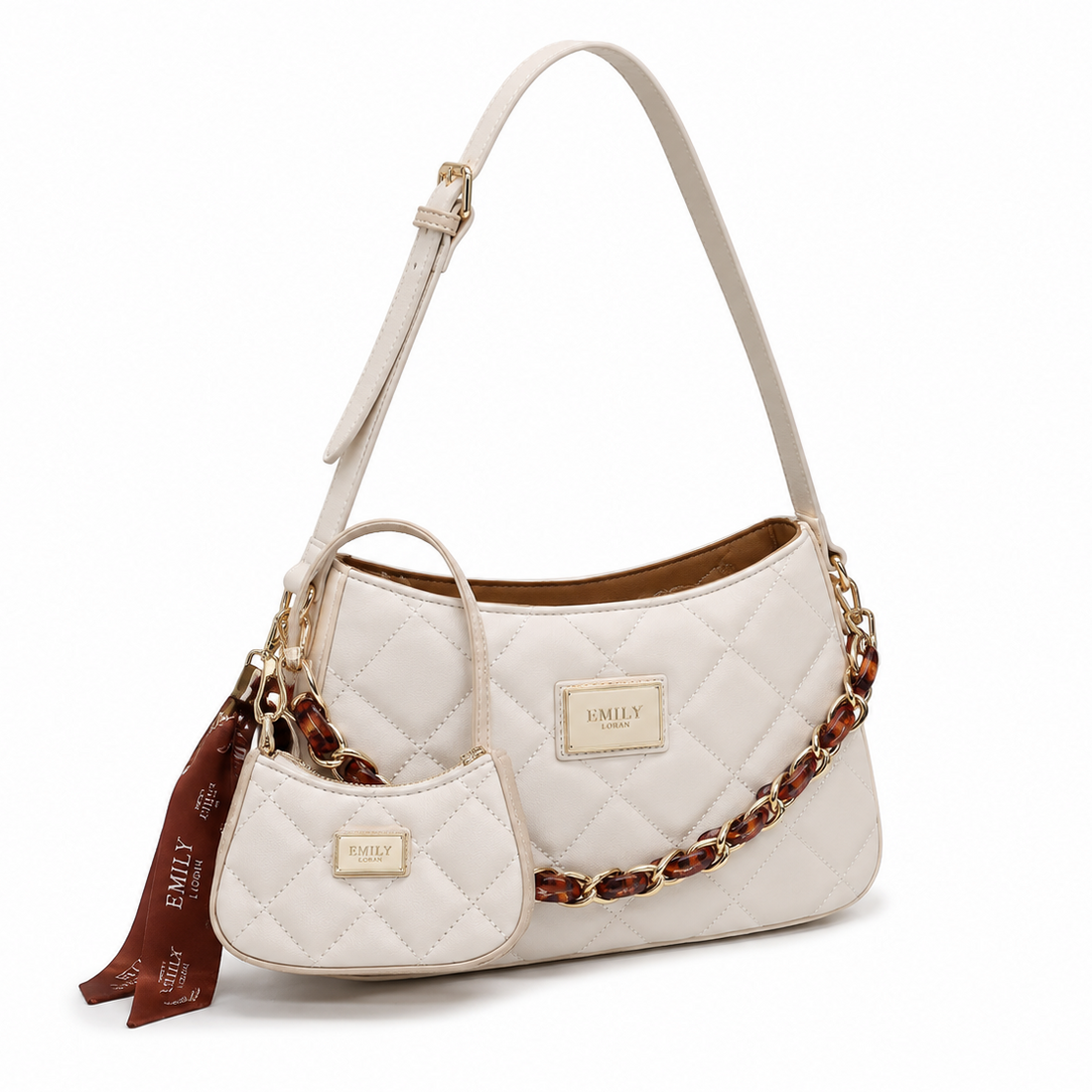 EMILY LORAN off white quilted shoulder bag with gold and tortoise chain, adjustable shoulder strap, matching mini pouch, and decorative ribbon.