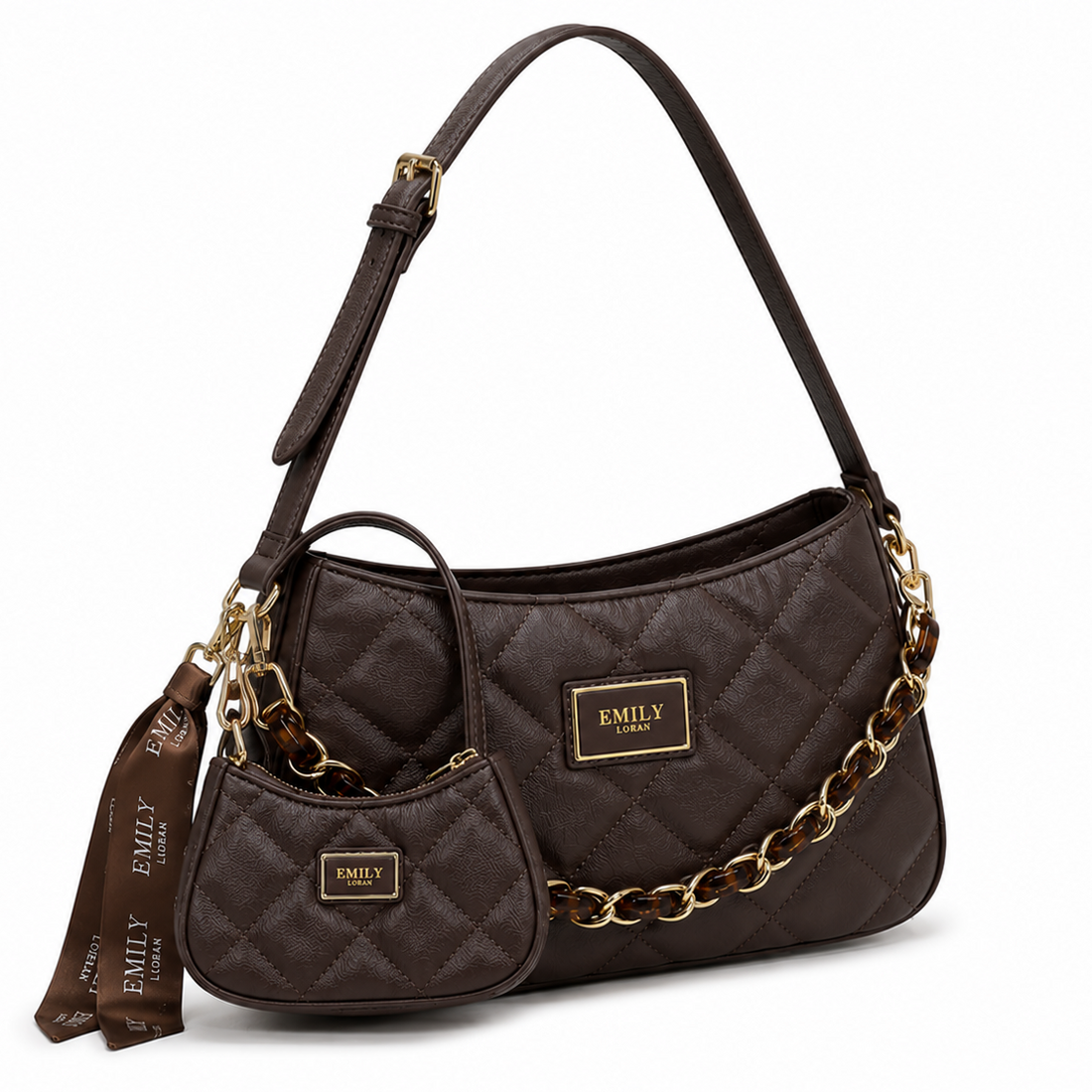 EMILY LORAN brown quilted shoulder bag with gold and tortoise chain, adjustable shoulder strap, matching mini pouch, and decorative ribbon.