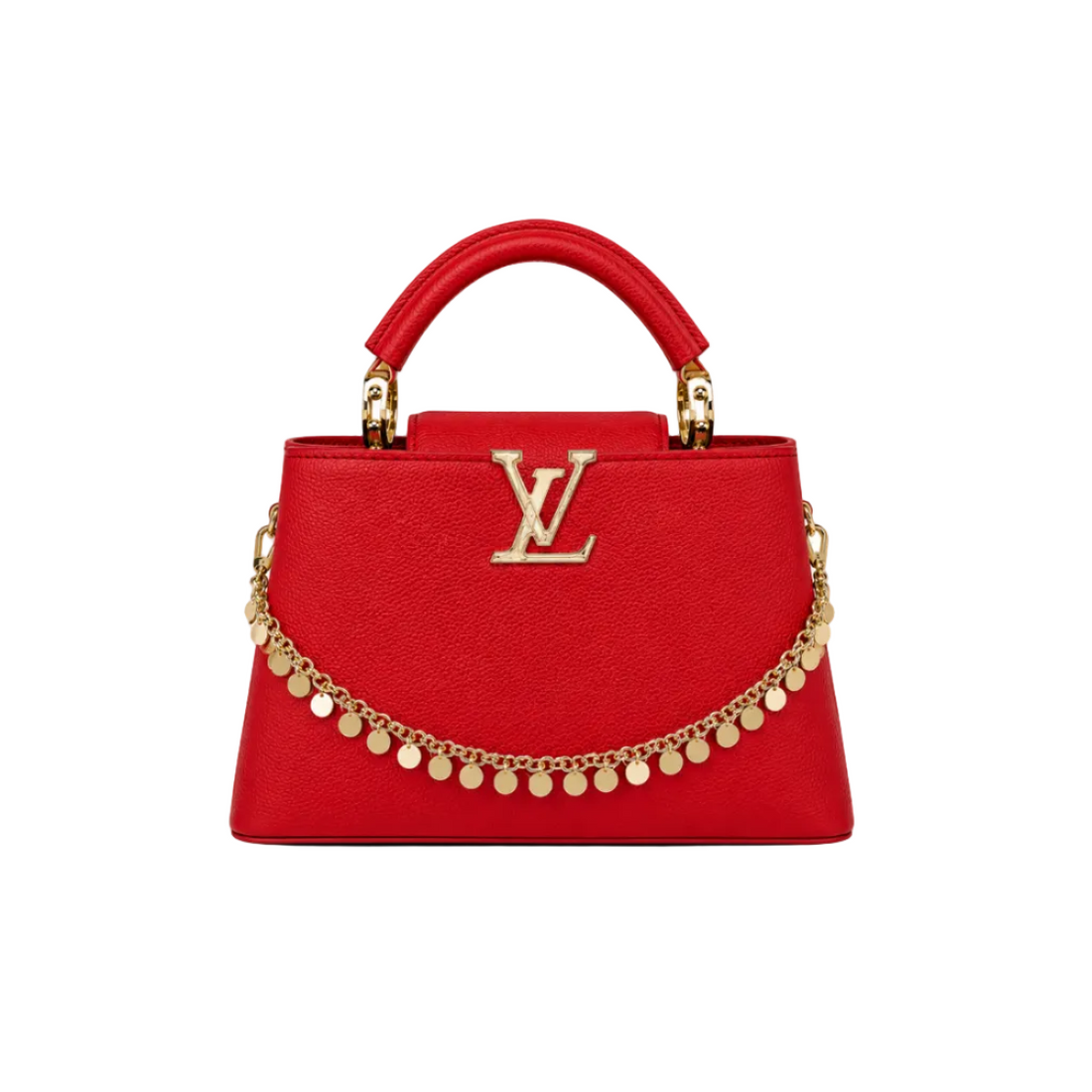 Louis Vuitton Capucines medium red leather handbag with gold LV logo, decorative gold chain, structured top handle, and elegant luxury design.