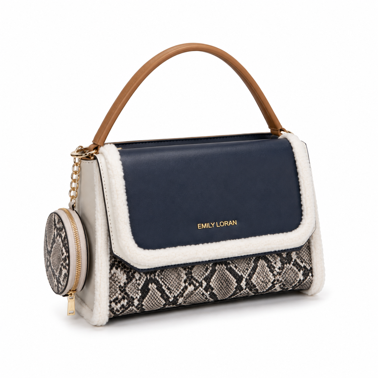 EMILY LORAN navy and snake-print shoulder handbag with cream shearling trim, camel top handle, gold-tone hardware, and detachable round coin pouch.