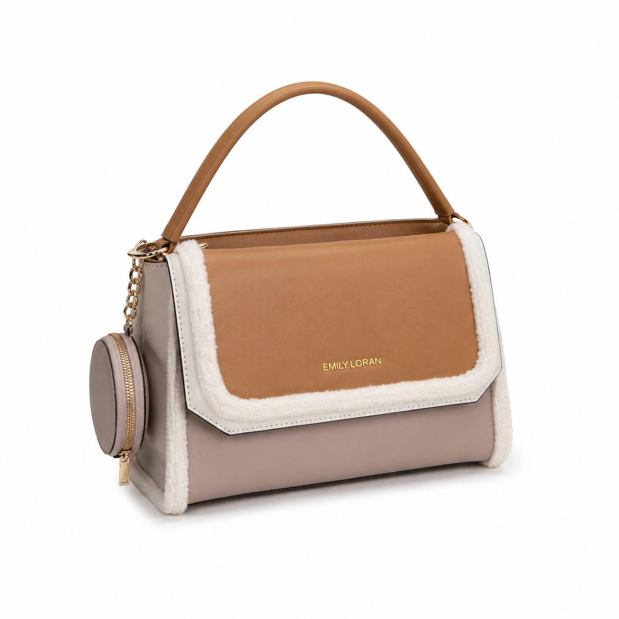 EMILY LORAN camel shoulder handbag with cream shearling trim, light taupe body, gold-tone hardware, top handle, and detachable round coin pouch.