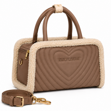 EMILY LORAN taupe heart quilted Boston handbag with cream sherpa trim, top handles, detachable shoulder strap, and gold-tone hardware.