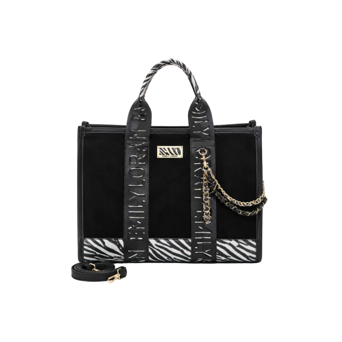 Women's Black Tote Bag with Zebra Print Details & Detachable Shoulder Strap