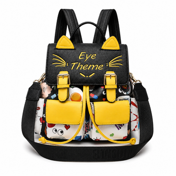 Black and yellow women's backpack with cat ear design, front buckle pockets, and adjustable shoulder straps.