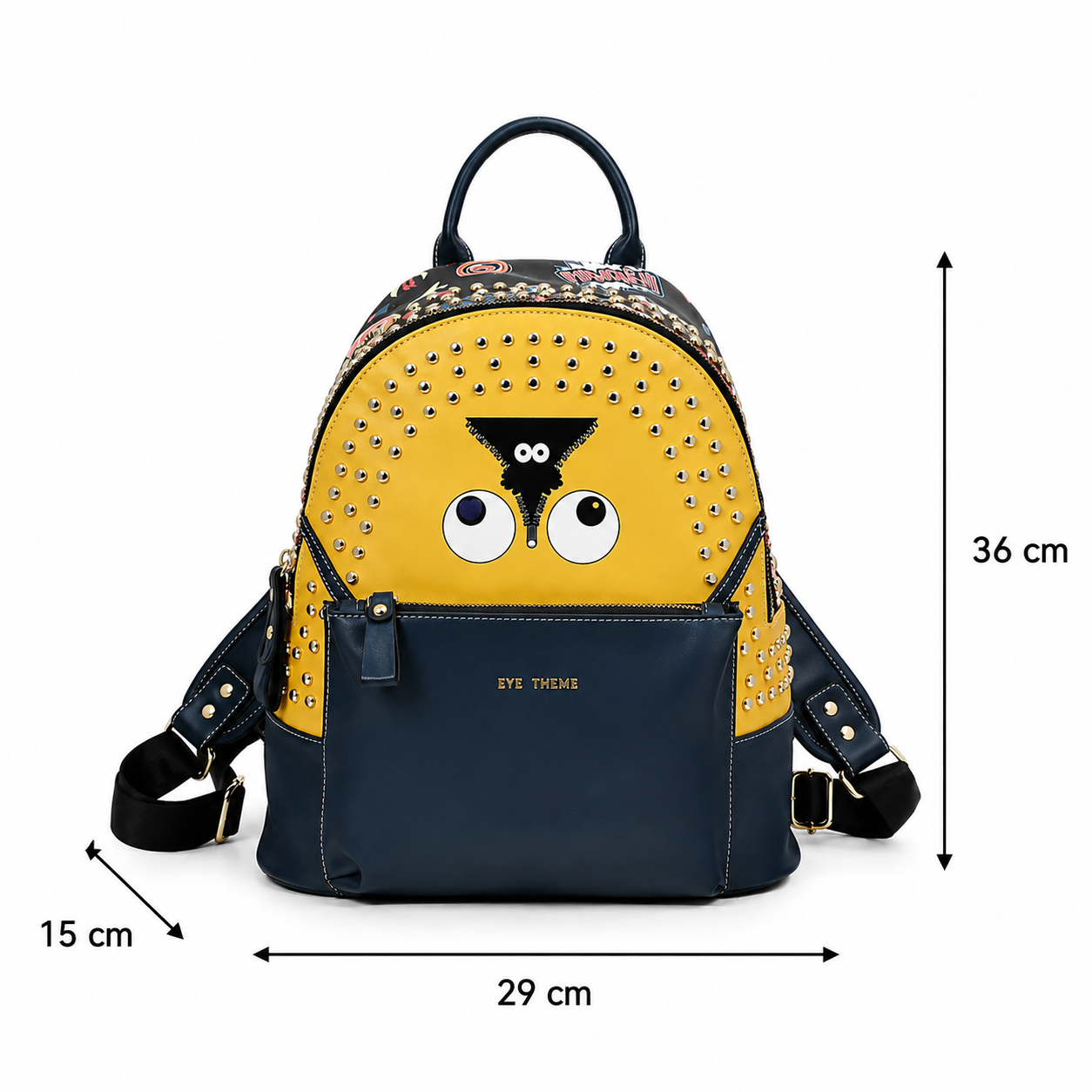 A yellow and navy blue studded backpack with an owl face graphic on the front, shown with dimension arrows and labels indicating 36 cm height, 29 cm width, and 15 cm strap depth on a white background.