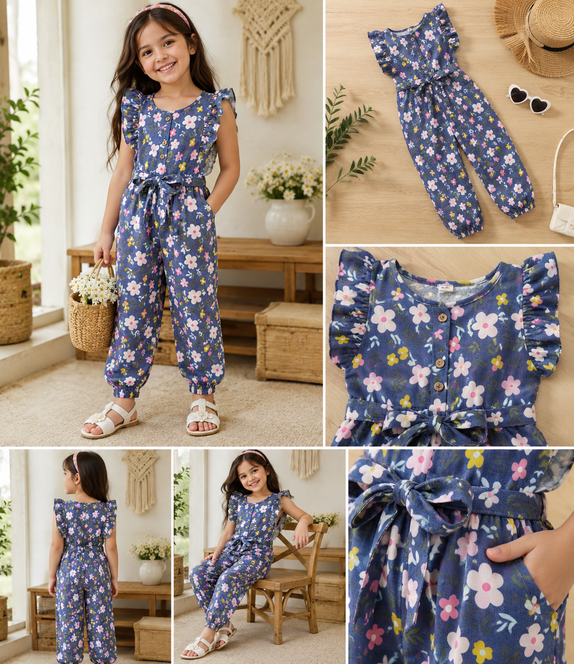 Kids Girls Floral Summer Jumpsuit – Blue