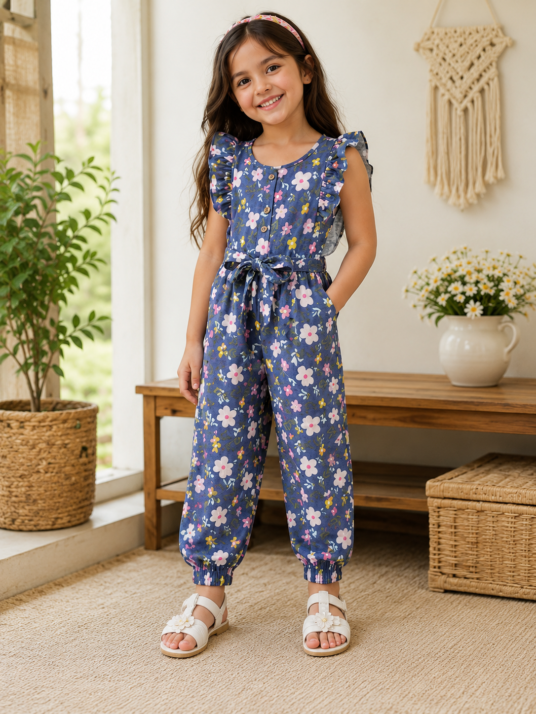 Kids Girls Floral Summer Jumpsuit – Blue