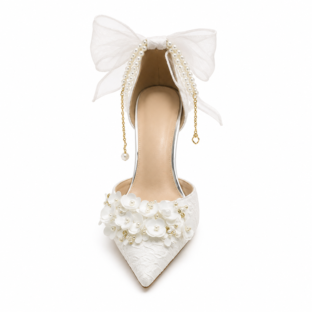 Floral Pearl Bow Pointed-Toe Heels