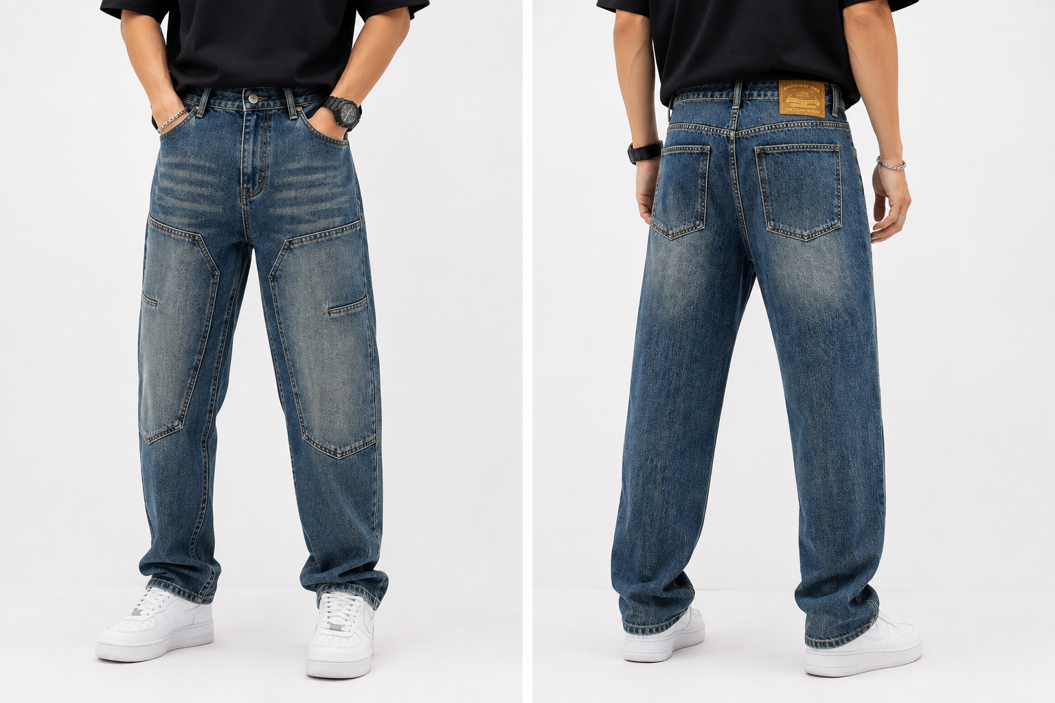 Men’s Vintage Washed Panel Denim Jeans – Blue