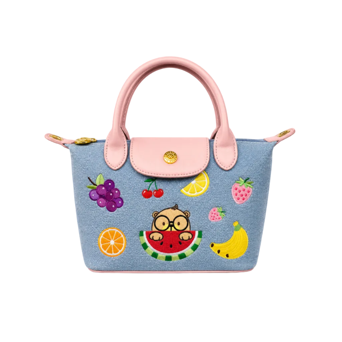 Light blue denim handbag with pink handles, colorful fruit embroidery, and a cute bear peeking from a watermelon on the front.
