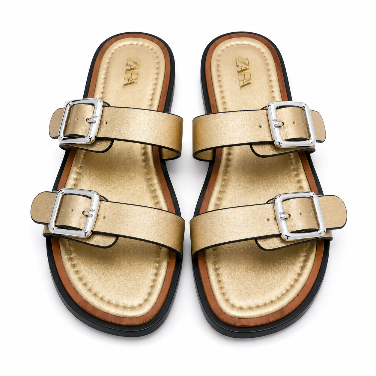 Women’s Metallic Double Buckle Flat Sandals – Gold