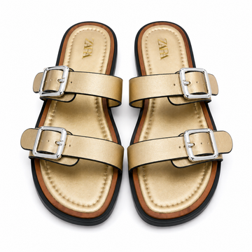 Women’s Metallic Double Buckle Flat Sandals – Gold