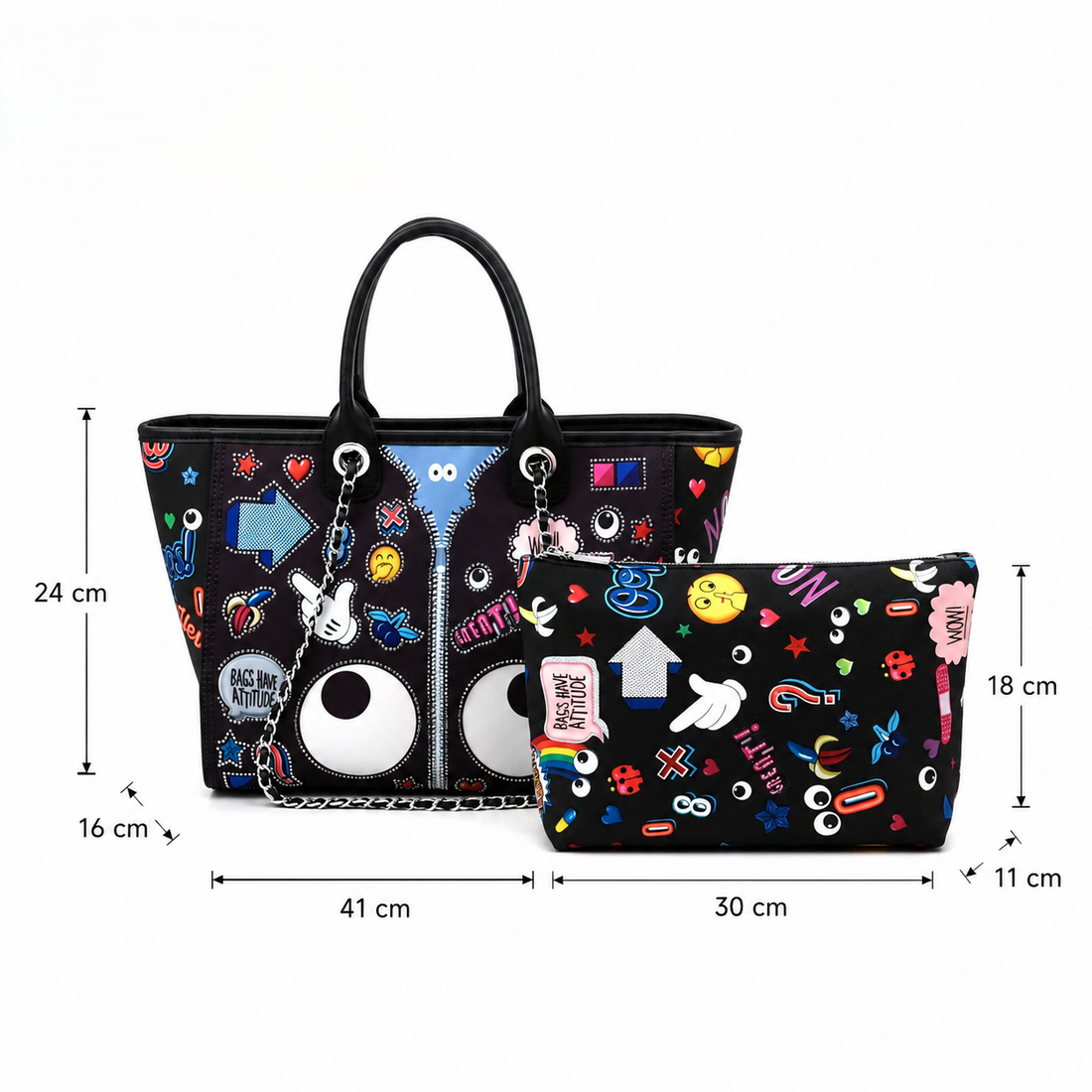 Black large tote bag with colorful pop-art graphic design and matching zip pouch on a white background.
