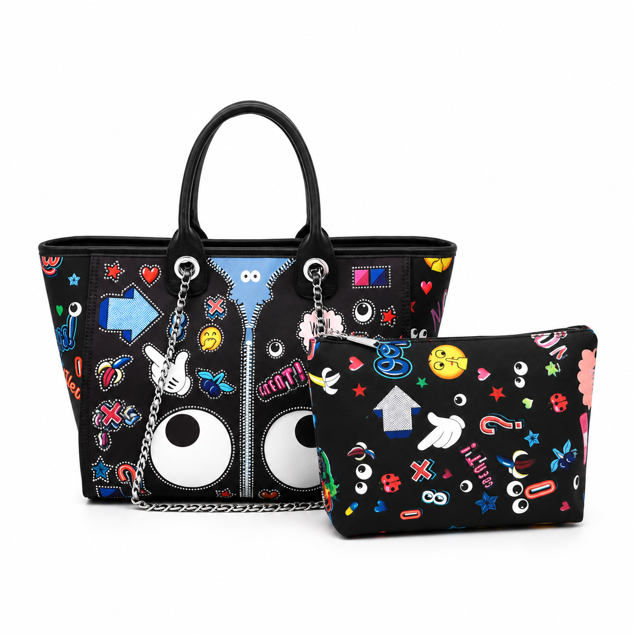 Black large tote bag with colorful pop-art graphic design and matching zip pouch on a white background.