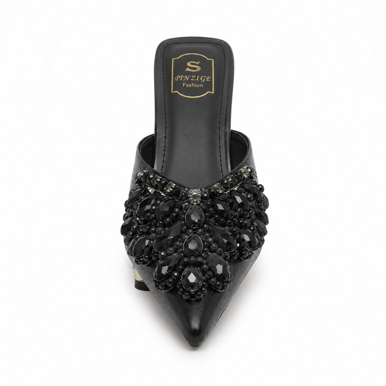 Black Crystal Embellished Pointed-Toe Mule Heels