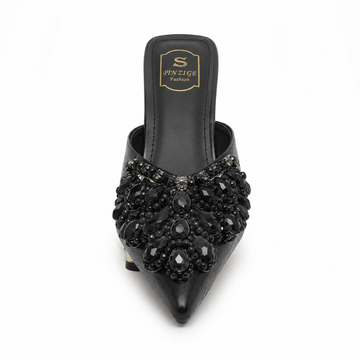 Black Crystal Embellished Pointed-Toe Mule Heels