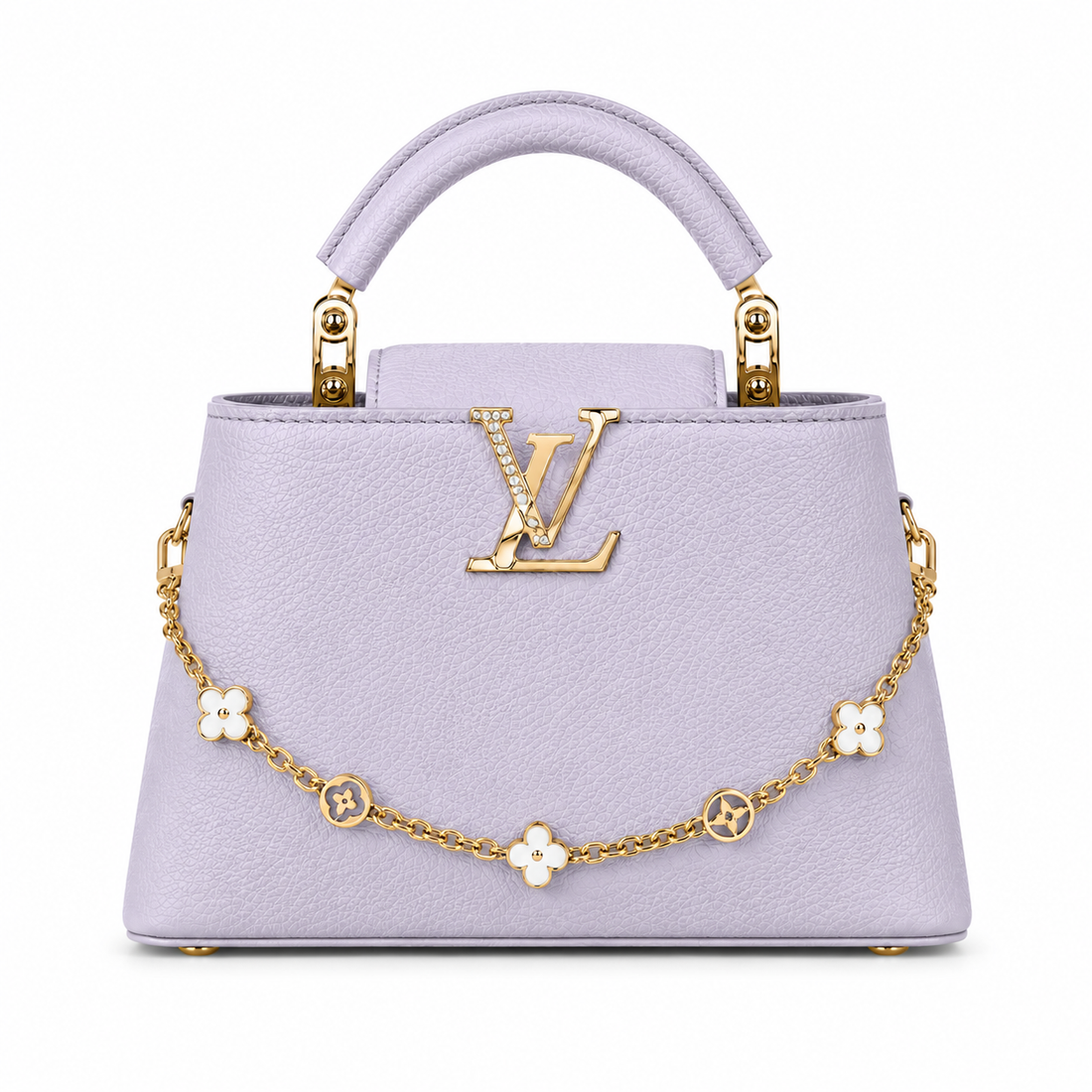 Louis Vuitton Capucines large lavender leather handbag with pearl-detailed gold LV logo, floral gold charm chain, structured top handle, and luxury designer styling.