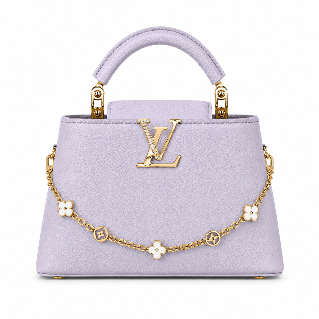 Louis Vuitton Capucines large lavender leather handbag with pearl-detailed gold LV logo, floral gold charm chain, structured top handle, and luxury designer styling.