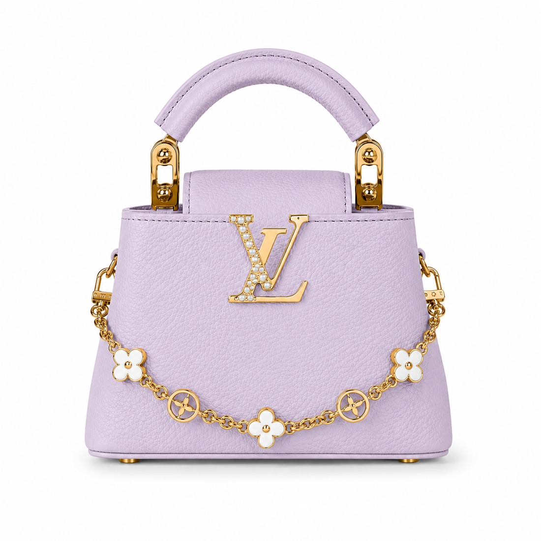 Louis Vuitton Capucines small lavender leather handbag with pearl-detailed gold LV logo, floral gold charm chain, structured top handle, and luxury designer styling.