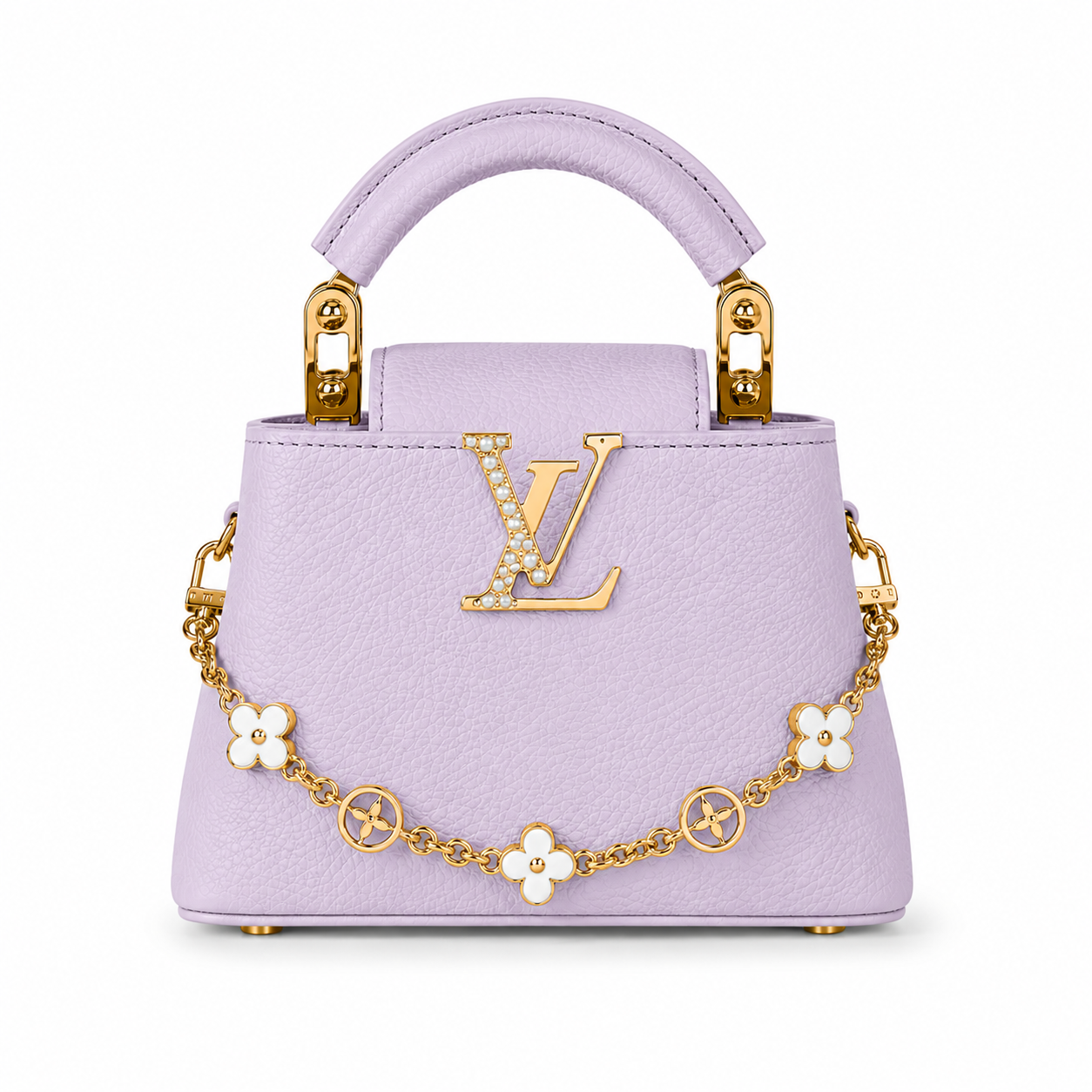 Louis Vuitton Capucines small lavender leather handbag with pearl-detailed gold LV logo, floral gold charm chain, structured top handle, and luxury designer styling.
