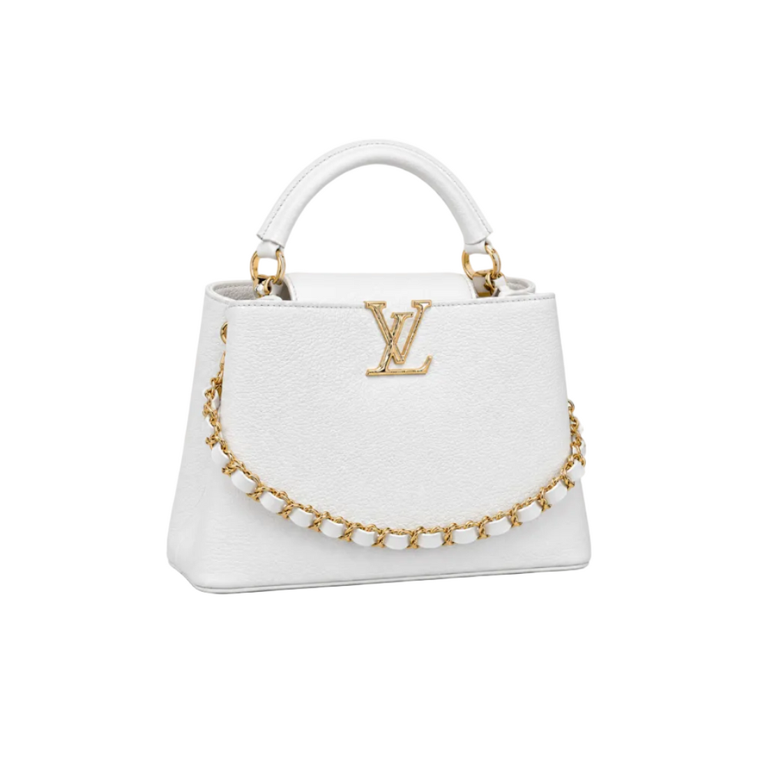 Louis Vuitton Capucines medium white leather handbag with gold LV logo, decorative gold chain, structured top handle, and elegant luxury design.