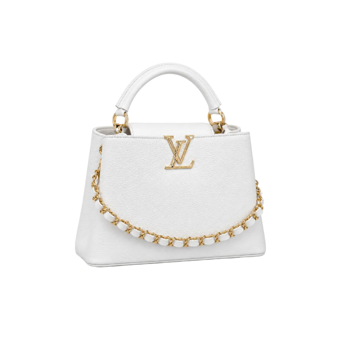 Louis Vuitton Capucines medium white leather handbag with gold LV logo, decorative gold chain, structured top handle, and elegant luxury design.