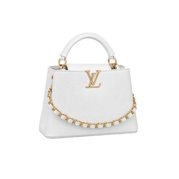 Louis Vuitton Capucines medium white leather handbag with gold LV logo, decorative gold chain, structured top handle, and elegant luxury design.