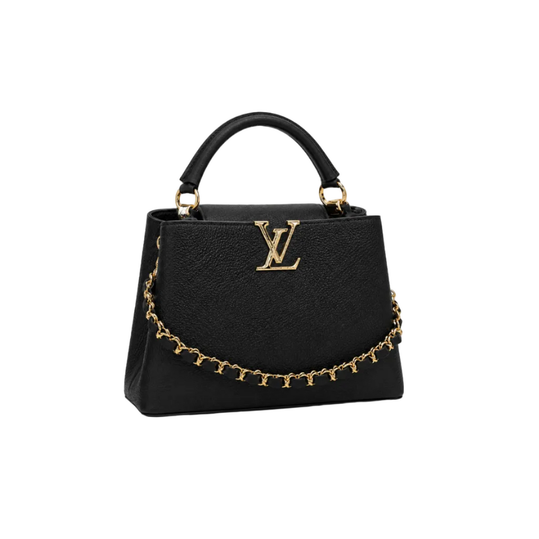 Louis Vuitton Capucines medium black leather handbag with gold LV logo, decorative gold chain, structured top handle, and elegant luxury design.