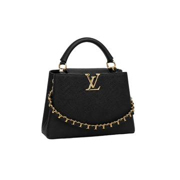 Louis Vuitton Capucines medium black leather handbag with gold LV logo, decorative gold chain, structured top handle, and elegant luxury design.