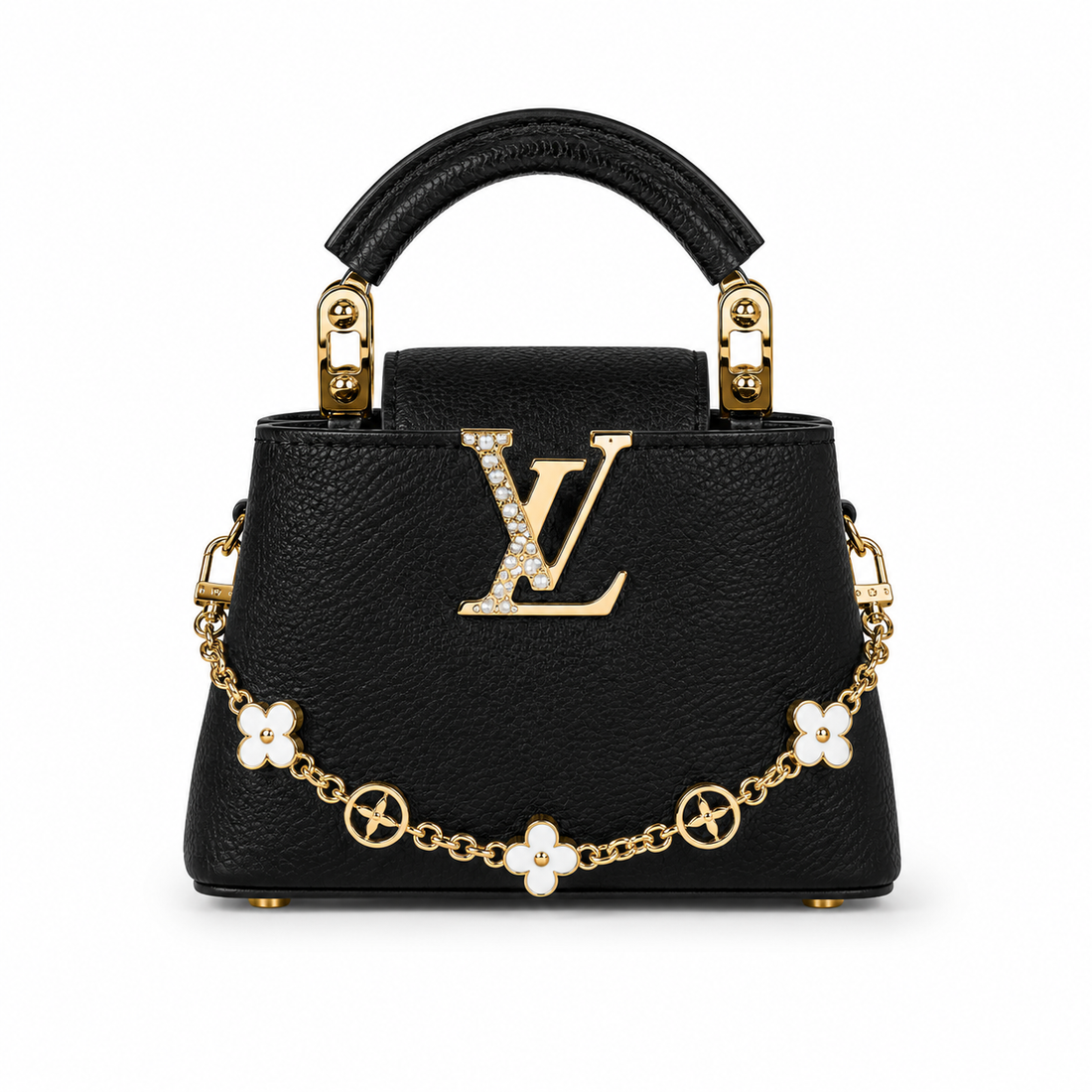 Louis Vuitton Capucines small black leather handbag with pearl-detailed gold LV logo, floral gold charm chain, structured top handle, and luxury designer styling.