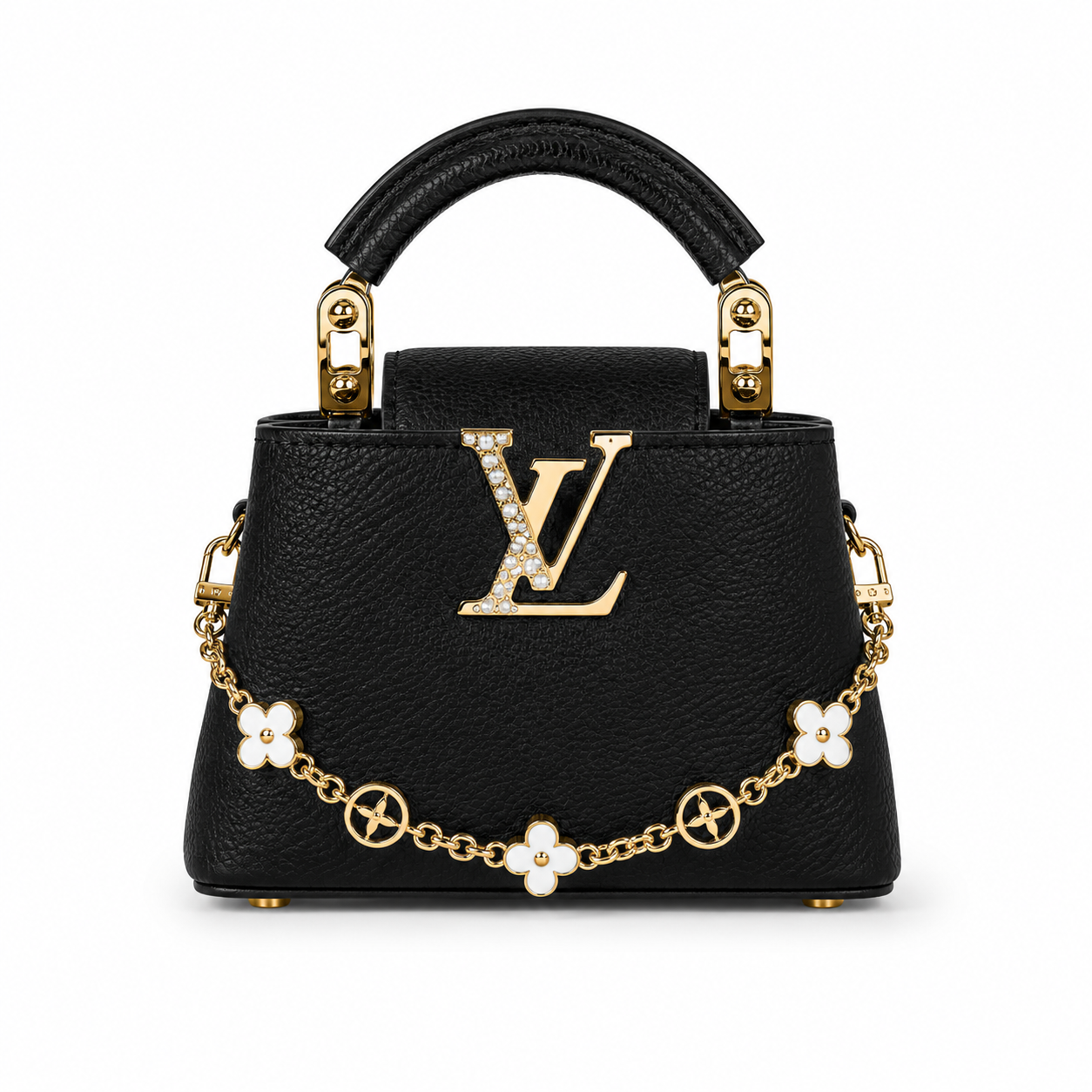 Louis Vuitton Capucines small black leather handbag with pearl-detailed gold LV logo, floral gold charm chain, structured top handle, and luxury designer styling.